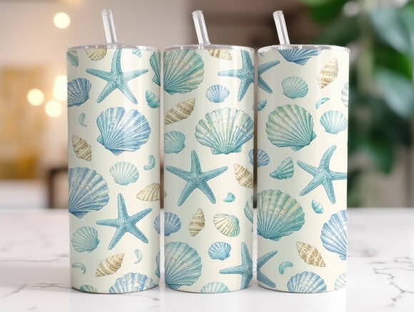 Blue Seashell Starfish Coastal Tumbler Graphics