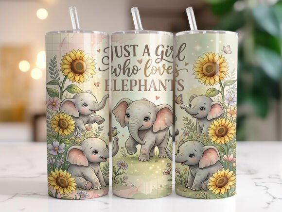 Cute Elephant Sunflower Tumbler Wrap PNG Graphics