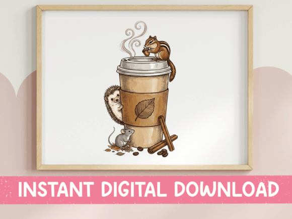 Cute Forest Animals Fall Coffee Cup Graphics for T-Shirt Designs