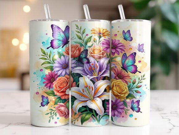 Floral Butterfly Watercolor Tumbler Wrap Graphics