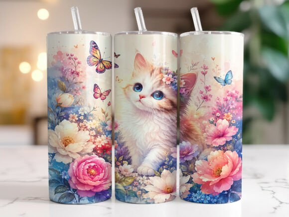 Floral Cat Butterfly 20oz Tumbler Wraps Graphics