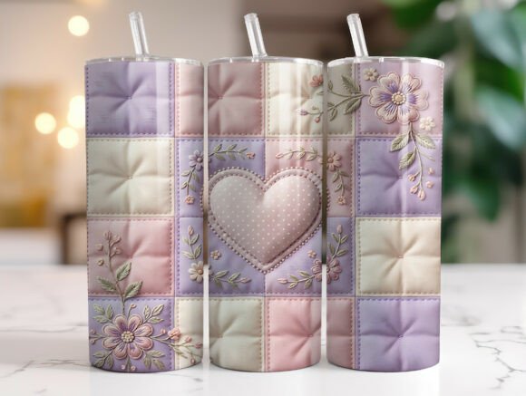 Floral Patchwork Heart Quilt Tumbler PNG – Graphics for Tumbler Wraps