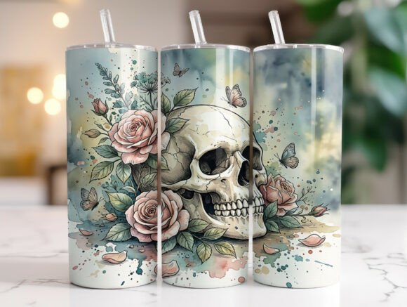 Gothic Skull Roses Butterfly Tumbler PNG