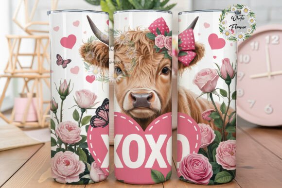 Highland Cow Valentines Floral Tumbler Graphics & Tumbler Wraps