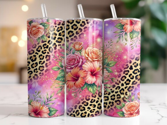 Leopard Print Hibiscus Rose Tumbler Wrap Graphics
