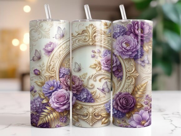 Luxury Purple Floral Butterfly Tumbler Graphics