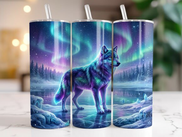 Northern Lights Wolf Skinny Tumbler PNG Graphics and Tumbler Wraps