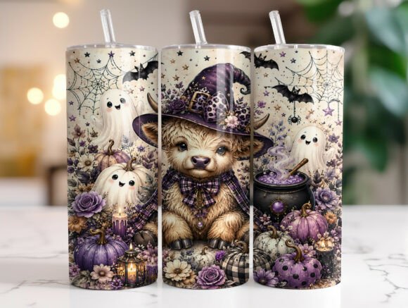 Purple Witch Highland Cow Tumbler Wrap Graphics