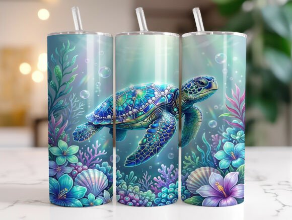Sea Turtle Coral Reef Floral Tumbler PNG