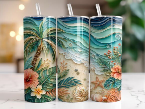 Tropical Beach Quilling Tumbler Wrap PNG