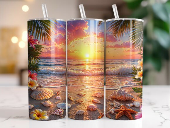 Tropical Beach Sunset Seashells Tumbler Graphics